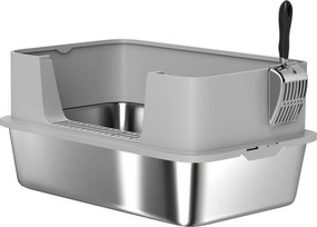 PawHut Caixa de Areia para Gatos em Aço Inoxidável XL Caixa de Areia para Gatos com Borda Alta e Pá 60x40x29,5 cm Cinzento | Aosom Portugal