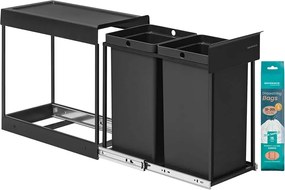 Caixote do lixo com dois compartimentos e sistema de separação de resíduos extraível 48,6 x 25,4 x 44 cm Preto