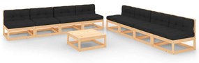 vidaXL 9 pcs conjunto lounge de jardim c/ almofadões pinho maciço