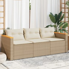 vidaXL Sofá de jardim de 3 lugares com almofadões vime PE bege