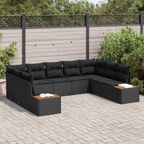 Conjunto de Sofá de Jardim de 9 Peças com Almofadas, Vime Preto e Acác