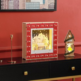 Calendário do Advento com LED, decorações de Natal em madeira, 24 gavetas para encher, decoração luminosa, vermelho