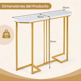 Mesa de Consola, 110 x 30 x 91 cm, Tampo com Imitação de Mármore, Natural + Branco