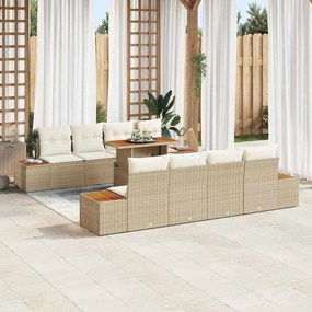 vidaXL Conjunto de Jardim com 9 Peças e Almofadas Bege em Rattan, Poliéster e Madeira de Acácia