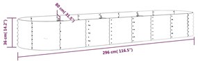 Canteiro elevado jardim 296x80x36cm aço revestido a pó cinzento