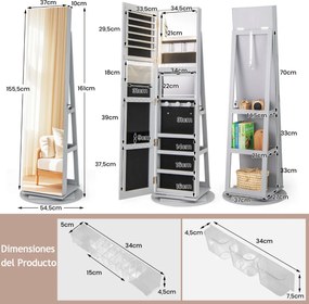 Armário giratório para joias 360° com espelho de corpo inteiro e luzes LED de 3 cores com fechadura Organizador de joias Cinzento