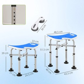 Banco de Duche para Idosos Antiderrapante com Barra de Apoio Altura Regulável e Assento em Forma de U 48,5x33x39-51,5 cm  Azul