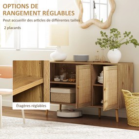 Aparador de sala de estar 120 x 40 x 75 cm com armários com portas em rattan e prateleira ajustável, em madeira natural