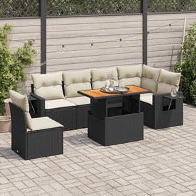 7 pcs conjunto de sofás p/ jardim c/ almofadões vime PE preto