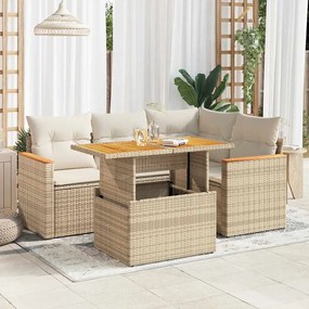 vidaXL 5 pcs conj. sofás p/ jardim c/ almofadões vime PE/acácia bege