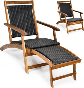 Espreguiçadeira dobrável 2 em 1 em rattan PE e madeira de acácia, com apoio para os pés retrátil, encosto e braços, para pátio, jardim e piscina Natur