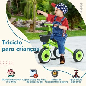 Triciclo para Crianças de 2 a 5 anos com Assento Ajustável Cesta Buzina e Pedais e 3 Rodas 70,5x53x58 cm Verde