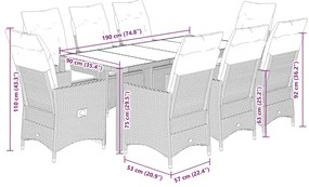 9 pcs conjunto de jantar p/ jardim c/ almofadões vime PE preto