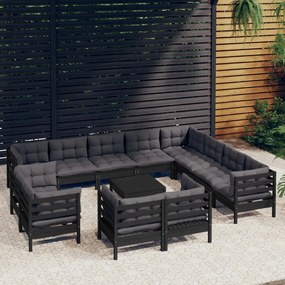 13 pcs conjunto lounge jardim c/ almofadões pinho maciço preto
