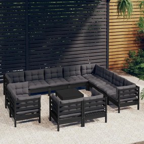 vidaXL 13 pcs conjunto lounge jardim c/ almofadões pinho maciço preto