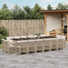 17 pcs conjunto de jantar p/ jardim c/ almofadões vime PE bege