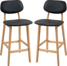 Conjunto de 2 bancos de bar, cadeiras altas, revestimento sintético com encosto e pernas em madeira, preto