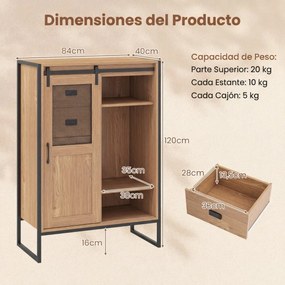 Armário de arrumação, estilo rústico 84 x 40 x 120 cm, com porta de correr, 5 gavetas e prateleiras ajustáveis ideal para casa de banho, sala de estar