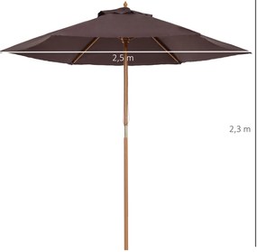 Chapéu de Sol Ø250x230cm Chapéu de Sol com Mastro de Madeira com 6 Hastes Sistema de Polia com Fixação para Jardim Pátio Terraço Castanho