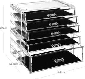 Organizador de maquilhagem com 5 gavetas 24 x 22 x 13,5 cm transparente