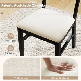 Conjunto de 2 cadeiras de jantar em rattan para cozinha, tecido acolchoado, pernas em madeira, encosto curvo, estilo rústico, preto e bege