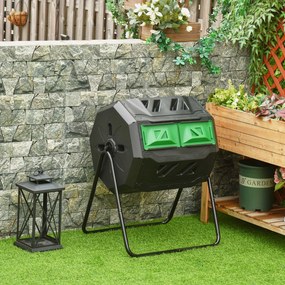 Compostor de Tambor Giratório de 160L com Dupla Câmera e Ventilação para Resíduos Orgânicos 71x64x92 cm Preto e Verde