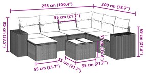 8 pcs conjunto de sofás p/ jardim com almofadões vime PE bege