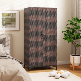 Armario de vime com 2 portas PE com varão para pendurar e 4 cubos de arrumação Organizador de roupa para casa pátio garagem Castanho