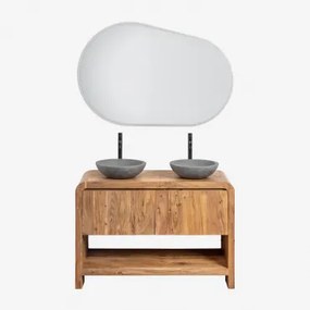Conjunto De Móvel De Casa De Banho Em Madeira Vacry Castanho Acácia & 2 X Cimento Cinzento Redondo Ø40 Cm Tarsis & Oval Led E Anti-embaciamento 120x80