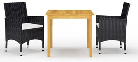 3 pcs conjunto de jantar para jardim com almofadões preto