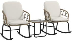 Outsunny Conjunto de Móveis de Vime de 3 Peças Conjunto de 2 Cadeiras de Baloiço 1 Mesa de Centro e Almofadas Creme e Bege