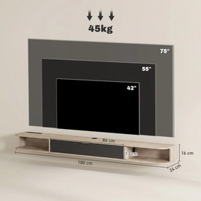 Móvel de TV suspenso 180 x 24 x 16 cm, móvel para televisores até 75 polegadas, gaveta rebatível, 2 prateleiras, cor madeira natural e preto