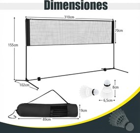 Rede de badminton 310 cm portátil ajustável em altura com postes, bolsa de transporte e 2 penas para interior e exterior Preta