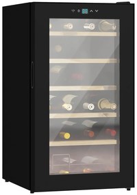 HOMCOM Cave de Vinho para 24 Garrafas 65L com Luz LED Interior Ecrã Tátil Digital Contolo de Temperatura Porta de Vidro e 5 Prateleiras Preto | Aosom Portugal