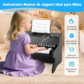 Piano de brincar com 25 teclas para crianças 38 x 24 x 29 cm, com suporte e modo de aprendizagem, velocidade e volume ajustáveis, design em madeira pr