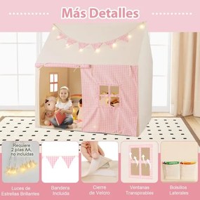 Tenda infantil com tapete acolchoado, 2 janelas e 2 bolsos de armazenamento, luzes de estrelas e bandeira rosa