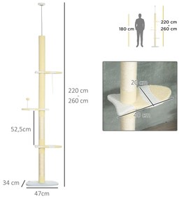 PawHut Árvore para Gatos do Chão ao Teto 220-260cm Altura Ajustável To