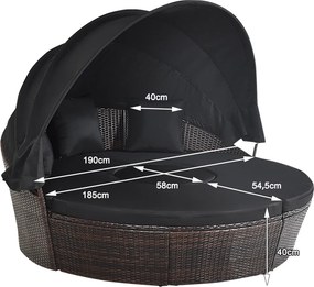 Cama de jardim redonda com Toldo retrátil Assentos separados Almofadas de vime de rattan Mesa de café Jardim Pátio castanho e Preto