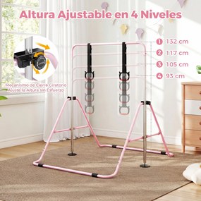 Barra de Ginástica para Crianças, 111,5 x 144,5 x 132 cm, Ajustável em 4 Níveis de Altura, Cor-de-rosa