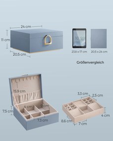 Caixa para joias de 2 níveis com pega 20,5 x 24 x 11 cm – Ideia para presente azul nevoeiro