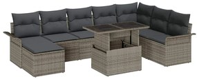 Conjunto de Sofá Jardim de 9 Peças com Almofadas Cinzento de Rattan Poliéster