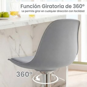 Conjunto de 2 bancos giratórios de bar com encosto ajustável em altura, estofados em couro sintético e apoio para os pés cinza e prata