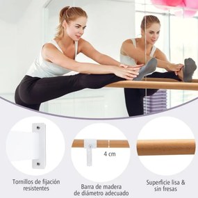 Barra de Ballet de Parede Única 120 cm Barra de Dança em Madeira Altura Fixa para Yoga Alongamento Treino em Casa Ginásio Branco