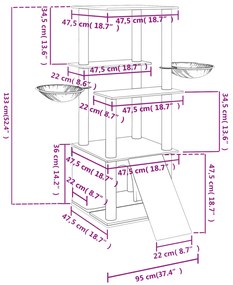 Árvore p/ gatos c/ postes arranhadores sisal 133cm cinza-escuro