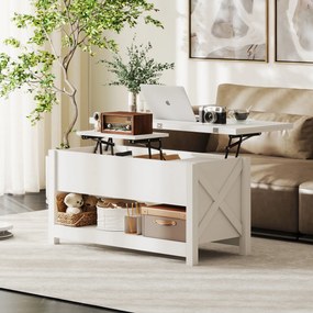 Mesa de Centro Elevatória e Extensível com Compartimentos Ocultos e Prateleira Aberta 100x90x64 cm Branco