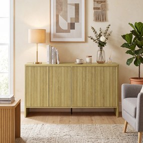 Aparador de sala, móvel de arrumação 147 x 40 x 77 cm com 4 portas ranhuradas, prateleira ajustável, abertura por pressão, cor carvalho