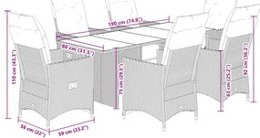 7 pcs conjunto de jantar p/ jardim c/ almofadões vime PE preto