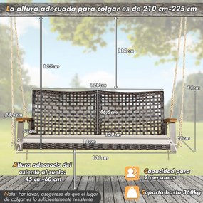 Baloiço de varanda em vime de 2 lugares com almofada de assento Apoio de braço em madeira de acácia 2 cordas 131 x 68 x 54 cm Castanho + Branco