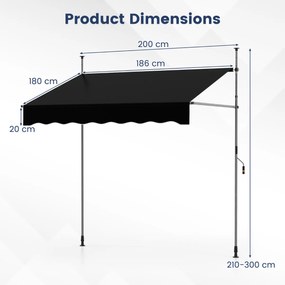 Toldo retrátil manual 2 m x 180 cm Sombra exterior ajustável sem perfuração com manivela para pátio, varanda, jardim Preto
