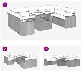 10 pcs conjunto sofás de jardim c/ almofadões vime PE preto